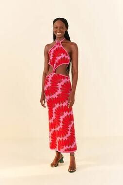 FARM Rio Copacabana Knit Maxi Dress Pink Red Cutout Halter XL NWT
